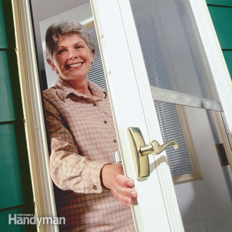 storm door handles break or become tarnished long before the door need replacing, but installing a new handle is a simple job that can usually be finished in a few minutes. Screen Door Repair, Screen Door Latch, Home Safety Tips, Sliding Screen Doors, Door Sweep, Design Hacks, Door Replacement, Doors Makeover, Door Upgrade