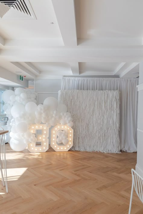 All White Party Balloon Decorations, All White Party Ideas Birthday, All White Party Theme Birthday, All White Balloon Decor, Birthday Venue Aesthetic, All White Bday Party, All White Affair Party Decorations, 21st Birthday White Theme, Winter Wonderland 30th Birthday Party