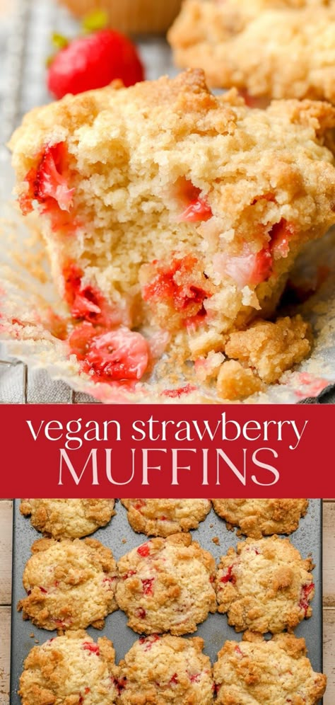 Vegan Strawberry Muffins Vegan Strawberry Dessert, Strawberry Lemon Muffins, Vegan Strawberry Muffins, Nora Cooks, Vegan Breads, Vegan Pudding, Peach Kitchen, Simple Baking, Strawberry Breakfast