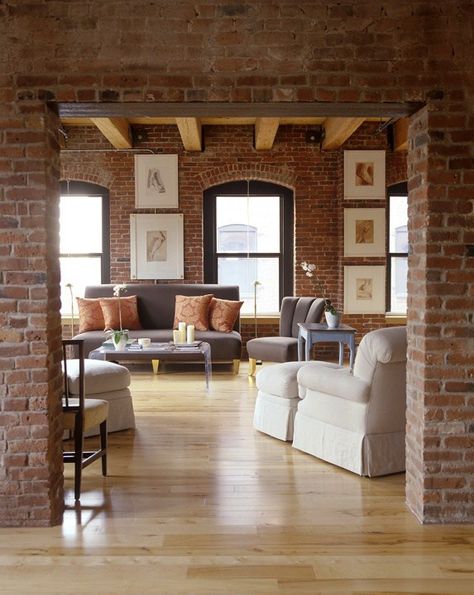 #Brick #walls are perfect for enhancing the aesthetics of the #living #room and creating #bold, #modern #ambiance. Living Room With Brick Wall, New Yorker Loft, Brick Wall Living Room, Brick Living Room, Living Room Wood Floor, Brick Interior, Rustic Apartment, Interior Design Minimalist, Minimalist Living Room Design