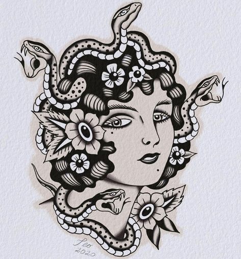 Traditional Tattoo Painting, Traditional Tattoo Girls, Traditional Tattoo Drawings, Old School Tattoos, Traditional Tattoo Inspiration, Traditional Tattoo Sleeve, Flash Tattoo Designs, Guatemala City, Medusa Tattoo