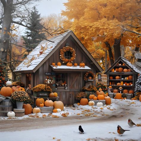 Fall Pumpkin Cottage Snowy Garden Backdrop RR7-263 – Dbackdrop Autumn Pumpkin Patch, Cozy Pumpkin Wallpaper, Autumn Wallpaper Pumpkins, Pumpkin Cottage, Fall Pumpkins Photography, Fall Cottage, Garden Backdrops, Turkey Crafts, Muslin Backdrops