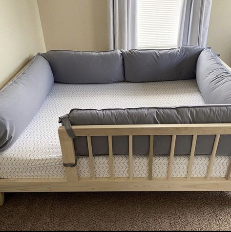 Bed Bumper, Toddler Floor Bed, Kids Bed Frames, Bed Rails For Toddlers, Montessori Bed, Bed Floor, Bed Bumpers, Modern Platform Bed, New Bed