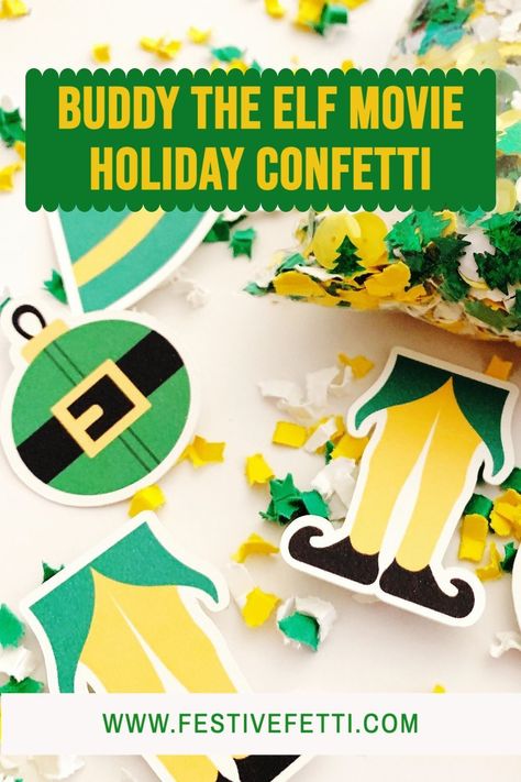 Son of a Nutcracker, this confetti is going to be a favorite of everyone that loves this Elf movie. This Buddy the Elf inspired confetti mix is a must have for your holiday celebrations and Elf themed birthday parties. This confetti will add a fun touch to your Christmas Table Decor, Dessert Tables or birthday party tablescapes with these elf inspired cut outs - that are perfect for DIY cupcake toppers and garlands. See more at FestiveFetti.com Buddy Elf Party Ideas, Buddy The Elf Cake Ideas, Elf Movie Party Decorations, Buddy The Elf Birthday Party, Elf Christmas Party Ideas, Elf Themed Christmas Party Food, Elf Movie Christmas Decorations, Buddy The Elf Decorations Diy, Buddy The Elf Decorations