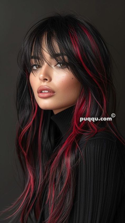 Black Hair With Red Highlights, Pelo Color Vino, Maquillage Goth, Cinnamon Hair Colors, Edgy Vibes, Cinnamon Hair, Black Red Hair, Red Balayage, Peekaboo Hair