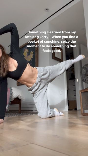 Lia Bartha on Instagram: "I think of him every single time the sun comes out and casts a warm spot on the floor. It’s a reminder to pause and enjoy ☀️ #bthemethod #sunshine #sun #movement #feelgood #feelgoodtoday #seizetheday #seizethemoment #reels #reelsinstagram #lowimpactmovement #lowimpactworkout #pilates #larrydavid #homeworkout #athomeworkout #fitness #fitnessmotivation" Lia Bartha Pilates, Lia Bartha, Sun Movement, Larry David, Low Impact Workout, On The Floor, The Floor, Spot On, Coming Out