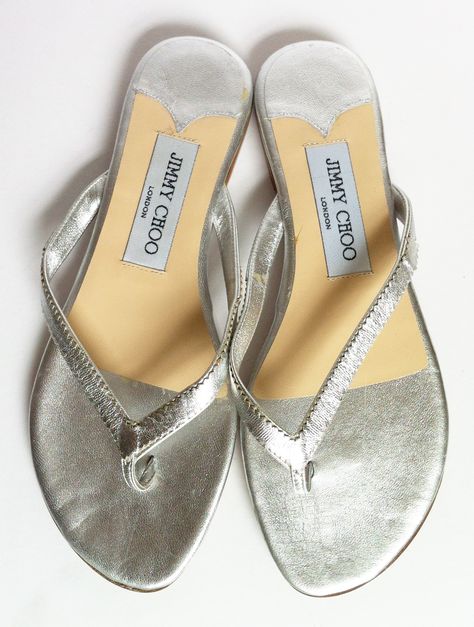 Sold on Ebay. Jimmy Choo silver metallic leather flip-flops. New owner ecstatic. Pic by me. Leather Flip Flops, Metallic Leather, Selling On Ebay, Jimmy Choo, Wedding Shoe, Metallic Silver, Flip Flops, Silver, Leather