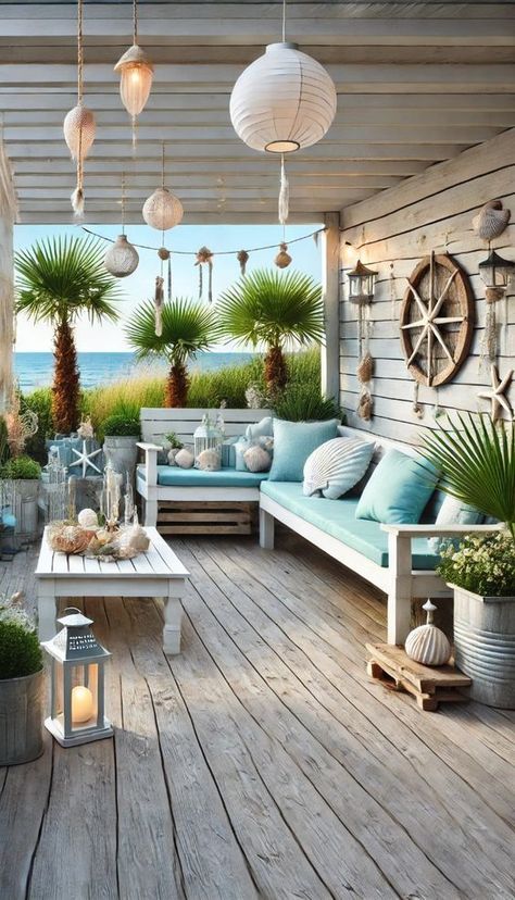 Transform your space with coastal chic decorating ideas! Explore 21 tips to create a stylish and serene beach-inspired home.
---
A coastal garden with white wooden furniture, light blue cushions, and nautical-themed decor. The garden features a wooden deck with potted palm plants, a driftwood bench, and seashell wind chimes. There are lanterns for evening lighting and a small table with a seashell centerpiece. The space is relaxing and offers a beautiful view of the ocean. Outside Beach Decor Patio, Beach Theme Porch Ideas, Office Fall Decorations, Office Fall Decorations Ideas, White Wooden Furniture, Coastal Sunroom, Beach Theme Backyard, Driftwood Bench, Cottage Roof