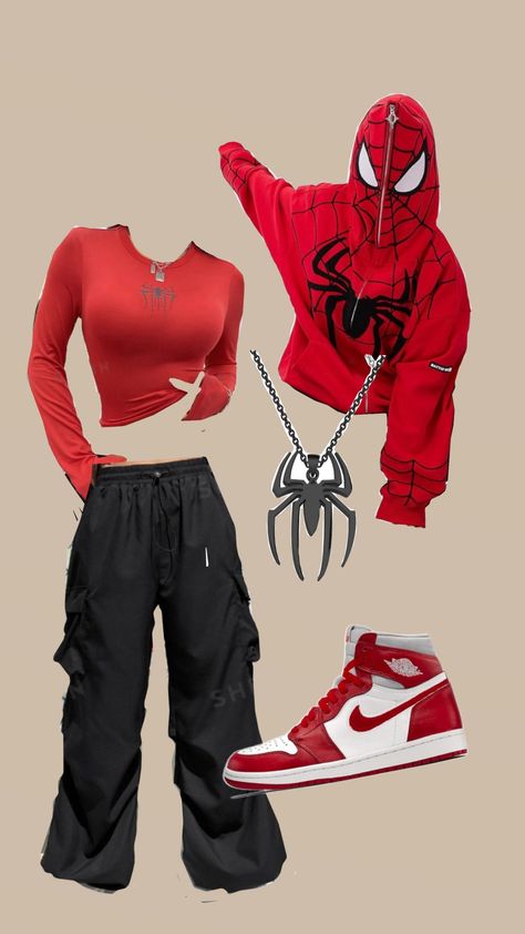 #spiderman #spider #outfit #outfitaesthetic Spiderman Jacket Outfit, Spider Man Outfits Woman, Miles Morales Outfit Ideas, Spiderman Fits, Spider Outfit, Spiderman Dress, Spiderman Aesthetic, Girls Shoes Teenage, Spiderman Outfit