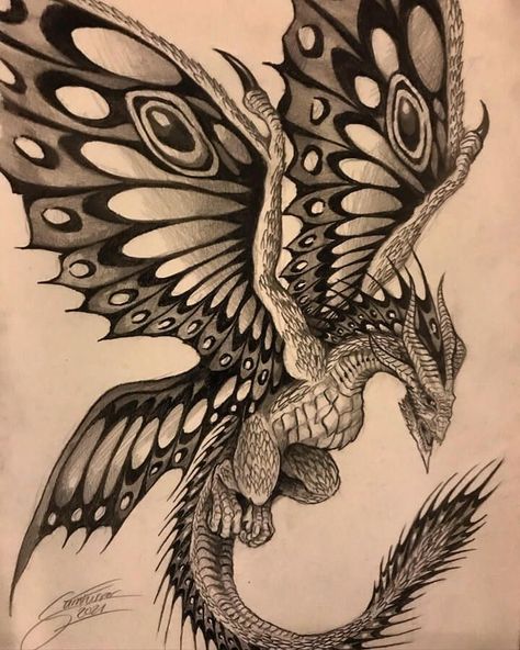 Pencil Creature in Surreal Jurassic Park Dragons And Butterflies Tattoo, Dragon With Fairy Wings, Butterfly And Dragon Tattoo, Butterfly Dragon Art, Dragon Butterfly Tattoo, Fairy Dragon Tattoo, Dragon Wing Tattoo, Dragon With Butterfly Wings, Winged Dragon Tattoo