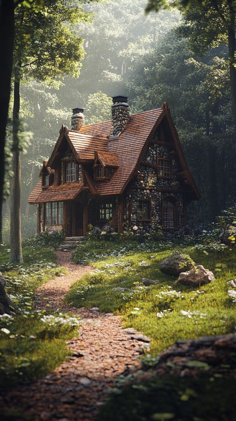 A cozy home nestled in enchanting woodland. Fairytale Cottage Exterior, Homes In The Forest, Cozy Cottage In The Woods, Hobbit Garden, Cottage Forest, Forest Living, Forest Homes, Living In Harmony, Cabin Rustic