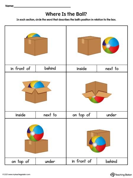 Positional Words Worksheet: In Front Of, Behind, Inside, Next To, On Top Of, Under (Color) Worksheet.Help your preschooler practice positional words with this printable worksheet. Positional words included in this activity are: "in front of”, "behind", "inside”, "next to","on top of”, and "under”. Positional Words Worksheet, Positional Words Kindergarten, Preschool Lesson Plans Themes, Positional Words Activities, Speech Therapy Worksheets, Positional Words, Words Worksheet, Shapes Kindergarten, Kids Worksheets Preschool