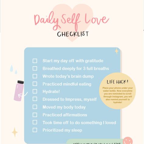 Worksheets — Natalies Outlet Self Love Checklist, Natalies Outlet, Morning Hacks, Lazy Person, Journal Templates, Wake Up Early, Health Planner, Dear Self, Self Care Activities