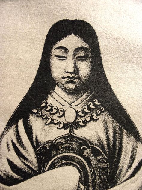 https://flic.kr/p/2qjYVdJ | Amaterasu Omikami 天照皇大神 Portrait | Beautifully presented is an antique traditional Shinto pen and ink portrait of Amaterasu Omikami 天照皇大神.

Amaterasu, Great Goddess of the Sun, holds the Yata no Kagami shinkyo (mirror) and wears the Yasakani no Magatama necklace. Amaterasu Omikami, Pen And Ink, Beauty