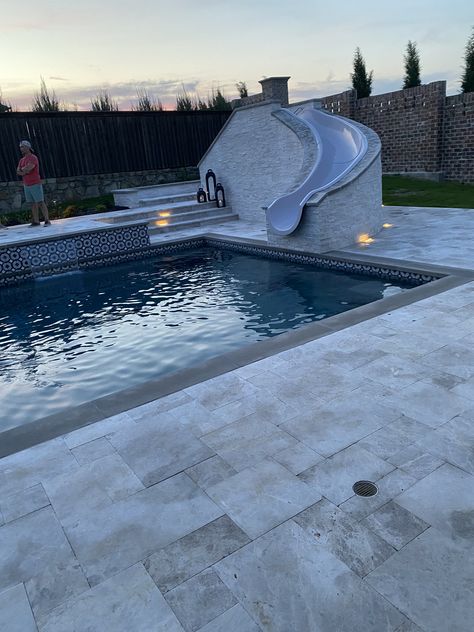 Pool Diving Platform, Modern Pool Slide, Pool Ideas With Slide, Pool Slide Ideas, Swimming Pool With Slide, Pool Platform, Pool With Slide, Florida Backyard, Landscaping Around Pool