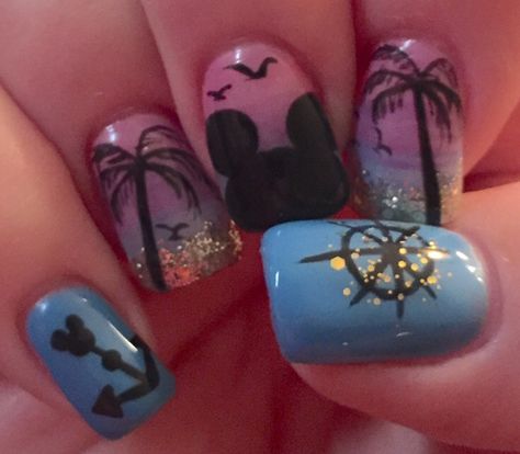 Disney Cruise Nails: Sunset Mickey Nails Disney Tropical Nails, Disney Hawaii Nails, Disney Cruise Nails Acrylic, Disney Cruise Nail Art, Tropical Disney Nails, Disney Beach Nails, Disney Cruise Nail Ideas, Disney Cruise Nails Design, Mickey Minnie Nails