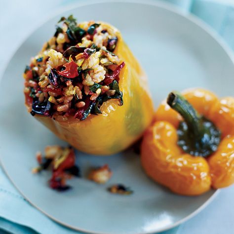 Stuffed Yellow Peppers with Spicy Swiss Chard and Scallion Pilaf Crockpot Stuffed Peppers, Pilaf Recipe, Yellow Bell Pepper, Pilaf Recipes, Pepper Recipes, Bell Pepper Recipes, Rice Pilaf, Yellow Pepper, Swiss Chard