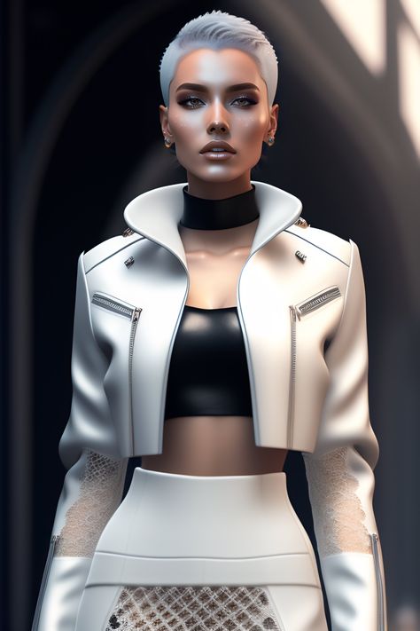 Lexica - Minimal fashion style clothes with short hair french girl, white snowflakes leather jacket, long leather skirt, carbonfiber, battle status,... Short Hair French, Minimal Fashion Style, White Leather Skirt, Leather Jacket Long, Alien Clothes, Long Leather Skirt, Hair French, Short Leather Skirts, Streetwear Ideas