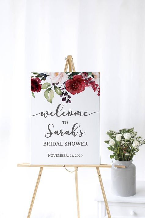 Bridal Shower Welcome sign, Burgundy Bridal Shower, Burgundy Floral Bridal Shower Bridal Shower Boards Signs, Bridal Shower Welcome Board, Kitchen Tea Ideas, Wedding Shower Signs, Bridal Party Bachelorette, Moh Duties, Bridal Shower Backdrop, Bridal Shower Planning, Shower Backdrop