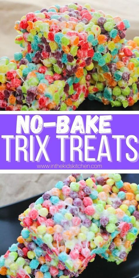 Trix Marshmallow Squares - like Rice Krispie Treats, but colorful & fruity! An easy no-bake dessert that kids will love! Fruity Rice Krispie Treats, Mini Trix Rice Crispy Treats, Trix Marshmallow Treats, Tie Dye Party Snacks, Trix Treats, Trix Krispie Treats, Hippy Food Party, Trix Rice Crispy Treats, Hippie Food Ideas