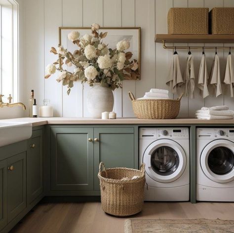 Laundry Room Wooden Cabinets, Blank Wall In Laundry Room, Cottage Kitchen And Dining Room, Laundry Room Design Sage Green, Boho Farmhouse Mudroom, Green And Cream Laundry Room, Italian Laundry Room, Soft Home Aesthetic, Nordic Laundry Room