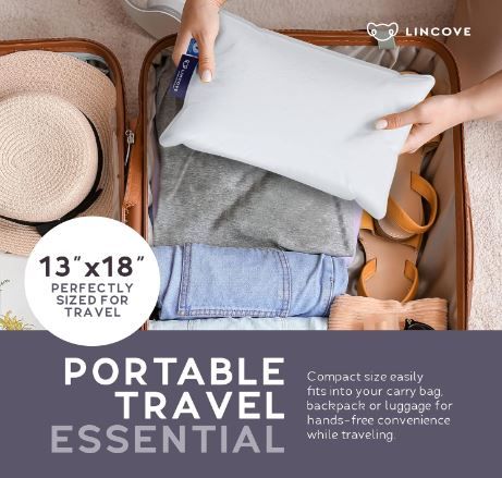 Unlike traditional neck pillows, this fluffy 13" x 18" rectangle pillow provides comfortable sleep support in any position. With its compact design and luxury gift travel tote bag, it's perfect for vacations, camping, or hotel stays. The lightweight down feather pillow easily fits into the tote bag for convenient travel. Plus, enjoy the snuggly soft 400 thread count cotton cover for breathable comfort in any climate.  ✈️ #TravelPillow #ComfortOnTheGo#affilate #LincoveFamily Travel Blanket And Pillow, Cheap Travel Accessories With Anti-theft Pocket, Neck Rest Pillow Travel, Best Travel Pillow Airplane, Airplane Pillow, Nap Pillow, Sleep Support, Toddler Pillow, Neck Pillow Travel