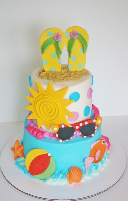 Pool Party Cakes, Beach Themed Cakes, Colorful Cake, Beach Birthday Party, Beach Cakes, Pool Birthday, Summer Birthday Party, Summer Cakes, Beach Birthday