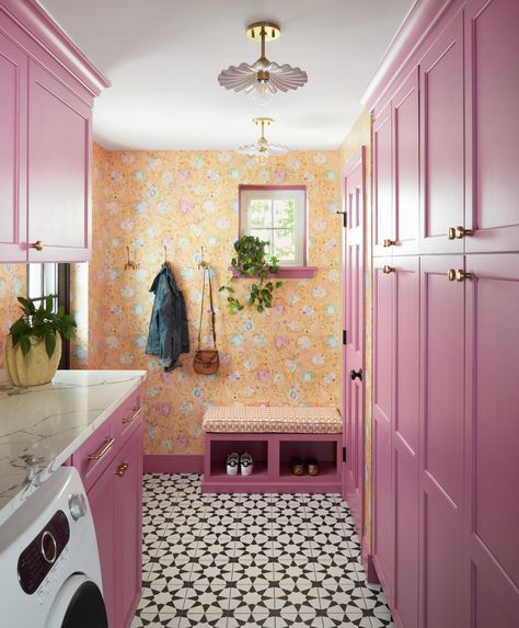 Pink Mudroom, Pink Laundry Room Ideas, Fun Laundry Room Colors, Whimsical Laundry Room, Colorful Laundry Room Ideas, Pink Laundry Room, Colorful Laundry Room, Fun Laundry Room, Funky Laundry Room