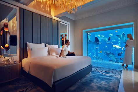 Underwater Suites in Dubai @ Atlantis The Palm | Underwater Hotel with a View Underwater Hotel Room, Underwater Room, Atlantis The Palm, Underwater Hotel, Underwater Restaurant, Hotel Room Design, Planet Ocean, Most Luxurious Hotels, Dubai Hotel