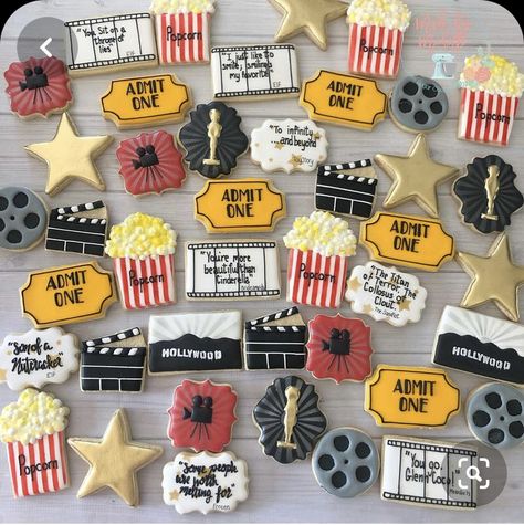 Hollywood Bridal Shower Ideas, Movie Party Cookies, Movie Night Cookies Decorated, Decorated Cookie Themes, Movie Theme Cookies, Hollywood Theme Cookies, Movie Themed Graduation Party, Movie Theme Baby Shower Ideas, Movie Themed Bridal Shower Ideas