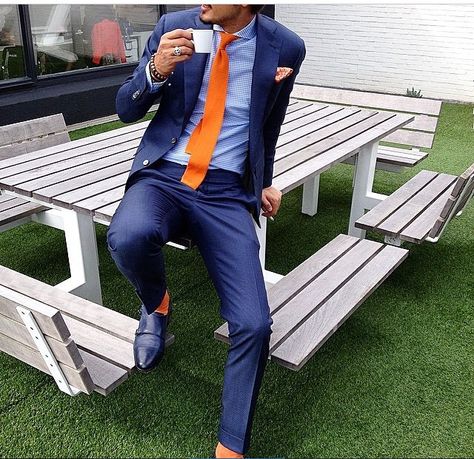 Blue shirt, orange tie, blue suit Orange Tie Outfit Men, Navy Suit Blue Shirt, Orange Shirt Outfit, Tie Outfits Men, Blue Suit Outfit, Bright Blue Suit, Tie Outfit, Navy Blue Tuxedos, Dark Blue Suit