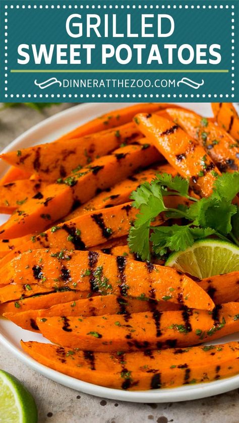 These grilled sweet potatoes are cut into wedges then cooked on the grill until smoky and tender. The finishing touch is a drizzle of homemade cilantro lime dressing that adds tons of flavor and turns this simple side dish into an elegant offering. Dinner At The Zoo Recipes, Sweet Potato Dinner, Raw Sweet Potato, Boiling Sweet Potatoes, Grilling Recipes Sides, Grilled Sweet Potatoes, Sweet Potato Slices, Potato Dinner, Cilantro Lime Dressing