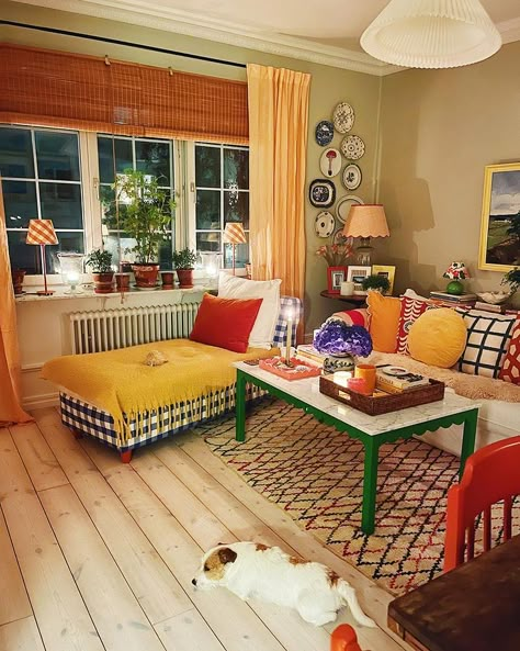 Sebastian Bergström (@mosebacke) | Instagram profile Windowless Room, Yellow Kitchen Cabinets, Comfy Living Room, Pastel House, Colourful Living Room, Cute Bedroom Decor, Yellow Kitchen, Home Design Living Room, Green Chair