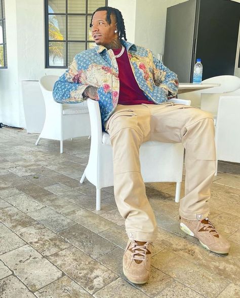 Moneybagg Yo Outfit from January 7, 2023 | WHAT’S ON THE STAR? Jordan 6 Outfit Men, Jordan 6 Outfit, Khaki Sneakers, Moneybagg Yo, Khakis Outfit, Air Jordan 6 Retro, British Khaki, Jordan 6 Retro