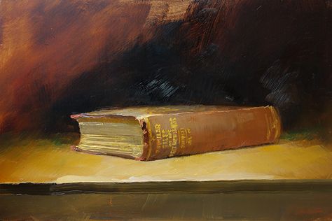 'One Book' by Andrew Sinclair, oil on board, 20 x 30 cm, £595. Still Life Book, Oil Painting Books, Books Still Life Painting, Violin Painting, Chardin Still Life Oil Paintings, Oil Painting Books Still Life, Victorian Still Life Paintings, Still Life Images, Tea And Books