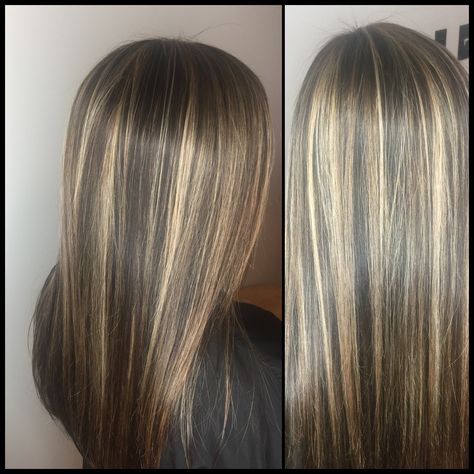 Darker And Lighter Highlights, Brown Hair With Blonde Highlights And Lowlights Balayage, Dark Blonde Hair With Brown Highlights, Heavy Highlights Brown Hair, Bonds Highlights, Chunky Partial Highlights, 2000s Hair Highlights, Dark Brunette Balayage Hair Blonde, Blonde Lowlights On Dark Hair