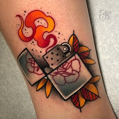 Travis Bruce’s Instagram post: “I got to make this fun lighter tattoo yesterday at our flash Friday event. More like this please! Thanks for picking out a rad one…” Traditional Brass Knuckle Tattoo, Neo Old School Tattoo, American Traditional Lighter Tattoo, Lighter Tattoo Traditional, Traditional Zippo Lighter Tattoo, Traditional Fire Tattoo, Unlucky Tattoo, Paint Palette Tattoo, Small Neo Traditional Tattoo