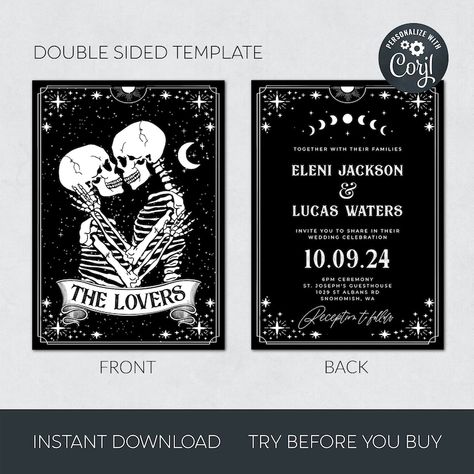 Tarot Card Wedding Invitation Template Printable Gothic - Etsy UK Tarot Wedding Invitations, Tarot Card Wedding Invitation, Tarot Card Wedding, Tarot Wedding, Card Wedding Invitation, Gothic Halloween, Card Invitation, Card Wedding, Printable Wedding Invitations