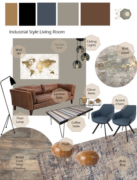 Color Industrial Interior, Grey And Tan Home Decor, Blue Tan And Black Living Room, Gray Blue Black Gold Living Room, Dark Grey Couch Living Room Mood Board, Grey Tan Black Living Room, Blue Grey Black Gold Living Room, Blue Tan Grey Living Room, Tan Gray And Blue Living Room