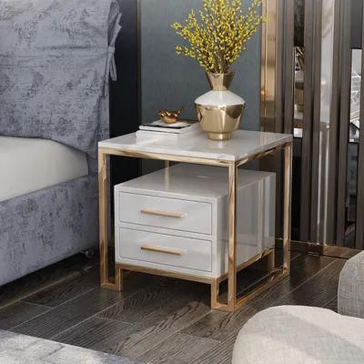 White Side Table with Two-Drawer End Table Stainless Steel in Gold Side Table With Drawers Living Rooms, Gold End Tables Living Rooms, Bed Side Table Ideas Modern, Side Bed Table Ideas, Living Room Side Table Ideas, Bed Side Table Ideas, Modern Bed Side Table, Side Beds, Side Bed Table