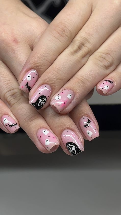 Pink Nail Designs Halloween, Halloween Nails Ghostface Pink, No You Hang Up Scream Nails, Nail Ideas Cute Simple, Cute Simple Acrylic, Halloween Nails Scream, Ghostface Nails, Pink Ghostface, Nail Ideas Cute