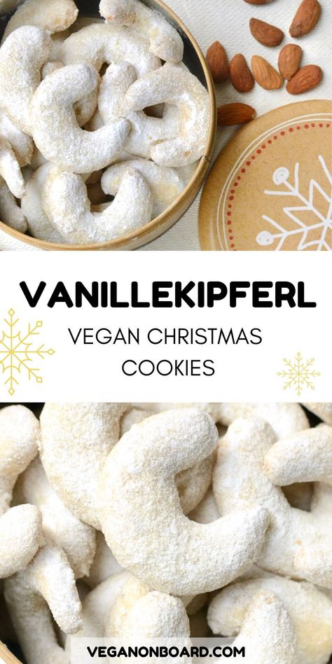 Vanillekipferl are an absolute must-have cookie in Austria and Germany. They are delicate, crescent shaped and sugar dusted cookies. Ground almonds or nuts give them a wonderful light texture and a heavenly taste. These are amazing Christmas cookies to share and give as gifts, but they’re also so delicious you can bake them at any time of the year! Christmas Vegan Recipes, Dessert Biscuits, Vegan Xmas, Christmas Vegan, Vegan Christmas Cookies, Crescent Cookies, Vegan Baking Recipes, Vegan Christmas Recipes, Vegan Bakery