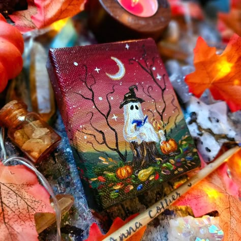 Anna Collier | Little ghosts on parade 👻✨️🍂 *edit, all sold* available now Happy Saturday Love, Anna x #spooky #ghosts #ghostlovers #ghoststory... | Instagram Cute Ghost Art, Autumnal Landscape, Witchy Hat, Halloween Gift Baskets, Painting Cute, Ghost Art, Little Ghost, Orange Sky, Small Canvas Art