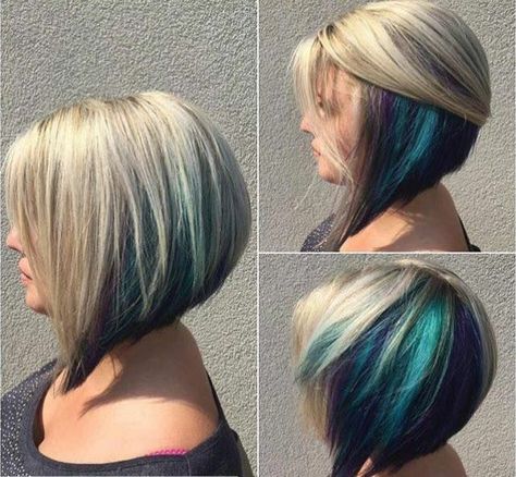 A line bob with blue Hidden Rainbow Hair, Kort Bob, Underlights Hair, Peacock Hair, Bob Hair Color, Inverted Bob Hairstyles, Rainbow Hair Color, Bob Cuts, Beautiful Braids