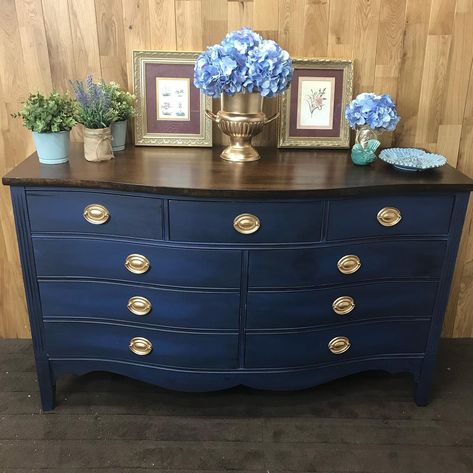 Anne Sloan Painted Furniture, Navy Chalk Paint Dresser, Navy Blue Chalk Paint Desk, Dresser Midnight Blue, Navy Distressed Dresser, Navy Blue Distressed Dresser, Napoleonic Blue, Annie Sloan Painted Furniture, Blue Painted Furniture