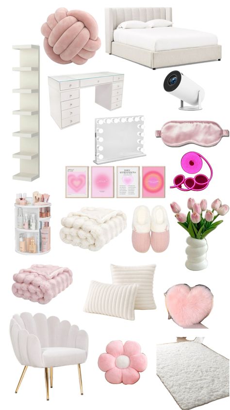 #clean #girl #bedroom #decoration #aesthetic #vanilla #girlie #pink #white #cozy #room White Cozy Room, Clean Girl Bedroom, Girly Pink Bedroom, My Bedroom Ideas, Pink Bedroom For Girls, Pink Girl Room, Room Makeover Ideas, Decoration Aesthetic, Bedroom Pink