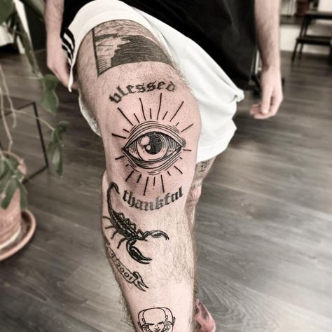 Patchwork Tattoo Ideas Men Leg, Pach Work Tattoo, Kneecap Tattoo Ideas Men, Knee Cap Tattoo Men, Patchwork Tattoo Designs, Tattoo Leg Men, Above The Knee Tattoo Men, Leg Patchwork Tattoo, Kneecap Tattoo