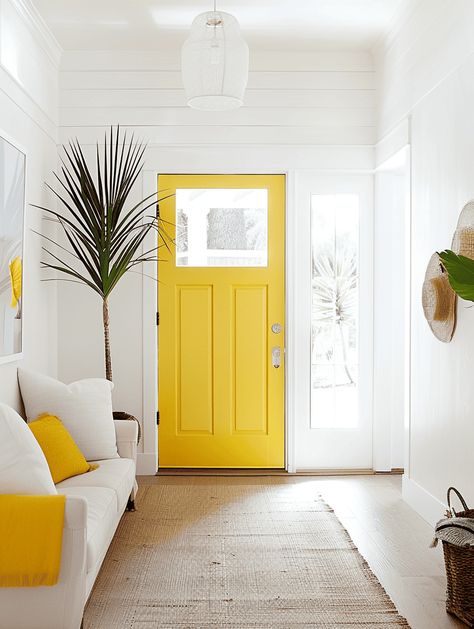 Small Entryway Ideas: Bright Yellow Door and White Walls Yellow Entryway, Clean White Walls, Foyer Designs, Small Entryway Ideas, Tiny Entryway, Cleaning White Walls, Hall Ideas, Yellow Door, Bold Decor