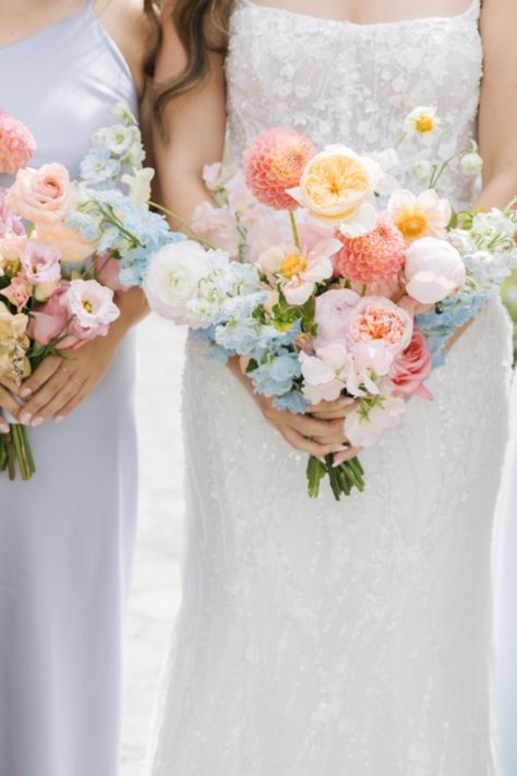 Embrace modern romance with our enchanting pastel floral wedding. Bright Pastel Bouquet, Colorful Wedding Flowers Bouquet, Pastel Bouquets Wedding, Muted Colorful Wedding Flowers, Pastel Summer Wedding Flowers, Spring Floral Wedding Bouquet, Soft Pastel Wedding Bouquet, Spring Wedding Bridal Bouquets, Peach And Blue Wedding Bouquet