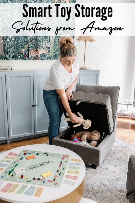 How we packed our playroom with tons of secret toy storage, plus 30 of the most stylish Amazon storage furniture pieces for all over the house. Toy Storage Large Toys, Large Toy Storage Ideas, Smart Kids Room, Playroom Toy Storage Ideas, Toy Storage Furniture, Small Room Look Bigger, Stylish Toy Storage, Toy Room Storage, Playroom Toy Storage